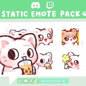 Op de afbeelding: Een digitaal statisch emote-pakket met cartoonkatten. Eén kat drinkt boba-thee, een andere heeft grote ogen, één is omringd door vlammen en een andere houdt een gele bloem vast. De tekst luidt STATIC EMOTE PACK en NanCartStore met sociale iconen.