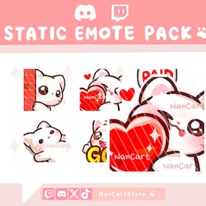 Könnte beinhalten: Ein digitales statisches Emote-Paket mit weißen Katzenfiguren mit großen dunklen Augen. Die Emotes zeigen die Katzen in verschiedenen Posen, unter anderem wie sie hinter einer roten Backsteinmauer hervorlugen, rote Herzen halten und den Text PAID und GG anzeigen.