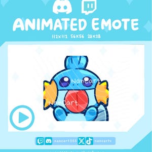 May include: An animated digital emote featuring a blue creature with large dark eyes, orange fin-like ears, and a prominent red tongue. The graphic includes the text "ANIMATED EMOTE", "112x112 56x56 28x28", "nancart555", "nancarts", and "nancartstore.myshopify.com".