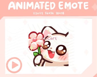 Emote animado de gato chibi con flor rosa / Uso en Twitch y Discord / Gato kawaii blanco, lindo y adorable