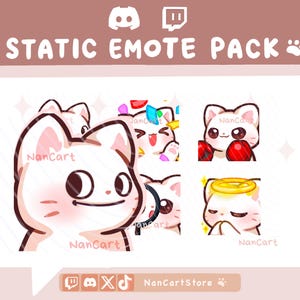 Könnte beinhalten: Ein digitales statisches Emote-Paket mit einer weißen Katzenfigur mit großen dunklen Augen. Das Set enthält verschiedene Ausdrücke wie eine Katze mit Konfetti, mit Boxhandschuhen, mit einer Lupe und mit einem gelben Heiligenschein.
