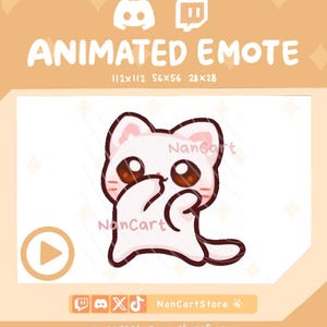 May include: An animated emote featuring a white cat with large brown eyes and pink accents on its ears and cheeks. The cat is covering its mouth with its paws. The image includes the text ANIMATED EMOTE, 112x112, 56x56, 28x28, NanCart, and NanCartStore.