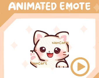 Emote animado de saludo / Uso en Twitch y Discord / Gato chibi blanco / Bienvenido en Hello