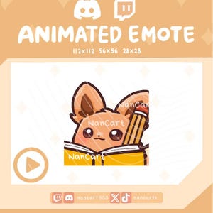 Op de afbeelding: Een geanimeerde digitale emote met een lichtbruin, vosachtig wezen met grote oren, donkere ogen en een kleine neus. Het wezen bevindt zich achter een open geel boek en houdt een geel potlood met een roze gum vast. Tekst leest ANIMATED EMOTE.