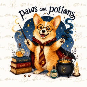 May include: A corgi wearing round glasses, a red and gold striped tie, and a dark cape, holding a magic wand. The text Paws and Potions appears above. Beside the dog are three stacked books labeled Potions, Spells, and Charms, a cauldron, and potions.