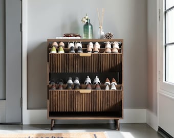 Modern Walnut Shoe Cabinet, Narrow Entryway Organizer, 2 Flip Drawers