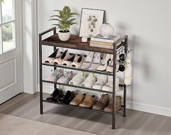 Tier Shoe Rack with Hooks – Metal Shoe Storage Organizer, Adjustable Mesh Shelves for Entryway, Closet, Bedroom & Garage