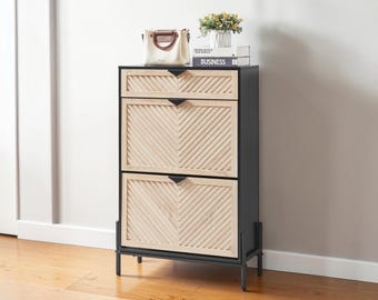 Slim Shoe Cabinet with 2 Flip Drawers – Narrow Entryway Shoe Storage Organizer, Hidden Freestanding Shoe Rack for Front Door