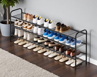 3-Tier Long Shoe Rack – Stackable Metal Shoe Storage Organizer with Wire Grid Shelves for Closet, Entryway & Bedroom