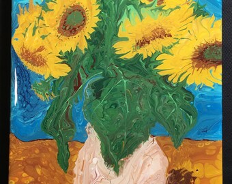 Zonnebloemen van Mary - Fluid Pour Stilleven Bouquet Acryl schilderij