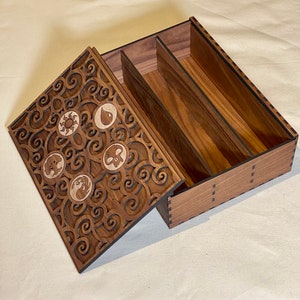 Ornate Collectible Card Box Three Rows Customizable Laser Cut Sliding Lid MTG Cube Walnut