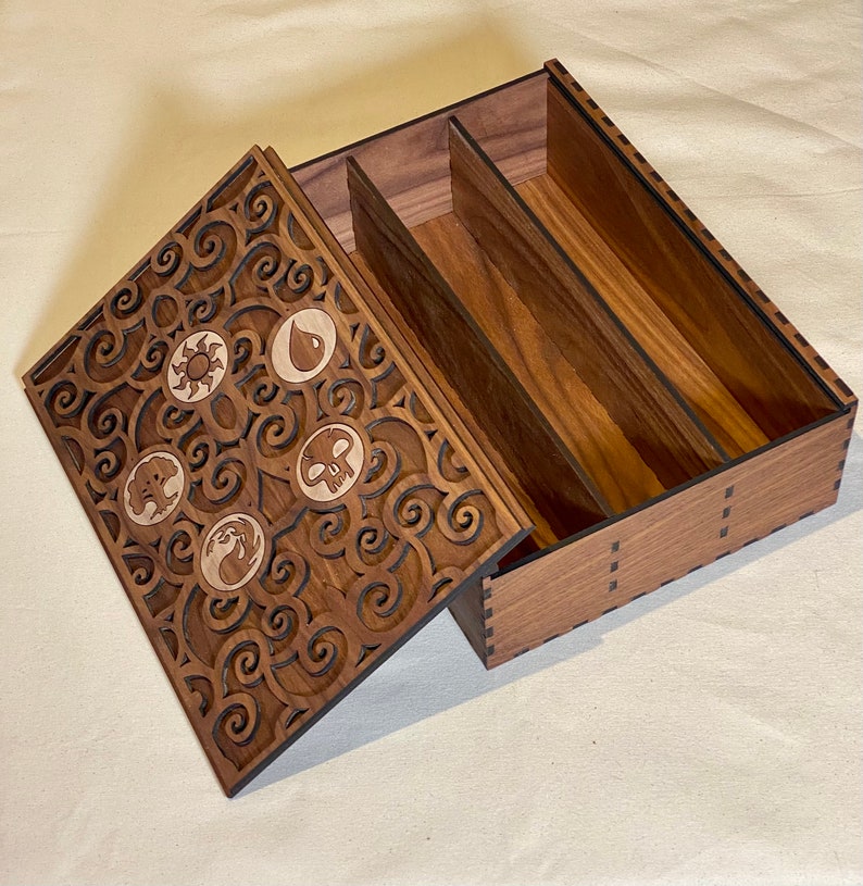 Ornate Collectible Card Box Three Rows Customizable Laser Cut Sliding Lid MTG Cube Walnut