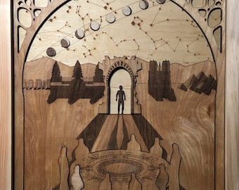 The Will to Commune - Laser Cut Layered Wood Bas Relief Panel - Circuit Two of the Eight Circuits of Consciousness from Chapel Perilous