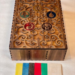 Ornate Collectible Card Box Three Rows Customizable Laser Cut Sliding Lid MTG Cube Colorful Stains
