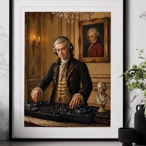 Peut inclure: Impression encadrée présentant une image modifiée numériquement d'un homme en tenue du XVIIIe siècle, portant un casque et utilisant un équipement de DJ. L'image comprend un portrait d'un homme en manteau rouge et le texte "MOZART REQUIEM".