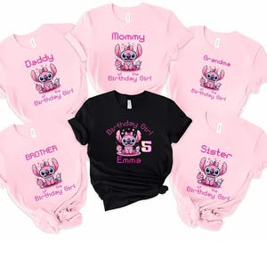 May include: Pink and black t-shirts with a cartoon character design. The pink shirts have text that says "Daddy", "Mommy", "Grandma", "Brother", and "Sister". The black shirt says "Birthday Girl" with a name and age.