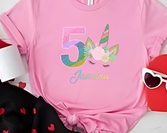 Personalized Unicorn Birthday Girl Shirt, Custom Name Rainbow Tee