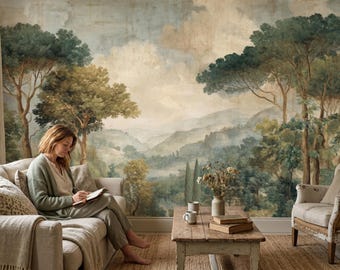 Vintage Italian Landscape Wallpaper, Classical Nature Peel and Stick Wall Decor, Countryside Forest Art