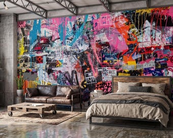 Könnte beinhalten: Ein großes Wandbild mit einem lebendigen Graffiti-Design, das Schichten aus leuchtend rosa, blauen, gelben und orangefarbenen Farbtropfen, abstrakten Formen und verschiedenen Textelementen zeigt und die gesamte Fläche einer Schlafzimmerwand bedeckt.