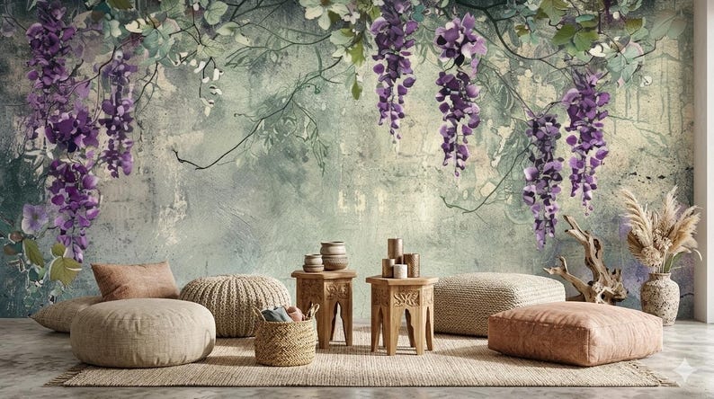 Vintage Wisteria Floral Wallpaper, Purple Flower Peel and Stick Mural ...