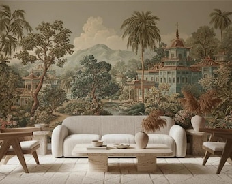 Mural de paisaje chinoiserie, papel tapiz autoadhesivo floral asiático, decoración floral vintage de la naturaleza.