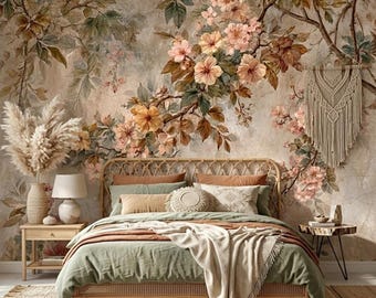Watercolor Floral Mural, Vintage Flower Peel and Stick Wallpaper, Retro Botanical Removable Wall Decor
