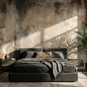May include: A low-profile charcoal gray upholstered bed frame with a matching headboard, topped with dark gray bedding and a textured throw blanket. Two floating wooden nightstands flank the bed, with a potted palm plant to the right.