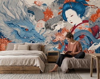 Blue Dragon & Geisha Wallpaper, Japanese Art Peel and Stick Mural, Vintage Oriental Decor