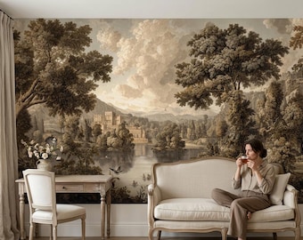 Vintage Castle Landscape Mural, Antique Forest Lake Peel and Stick Wallpaper, Sepia Scenic Decor