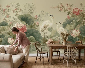 Chinoiserie Crane Wallpaper, Pink Lotus Flower Mural, Sage Green Floral Peel and Stick Decor