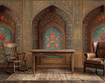 Vintage Oriental Arched Flower Wall Mural, Peel and Stick or Non-Woven Wallpaper, Traditional Decor