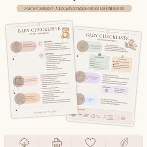 Könnte beinhalten: Zweiseitige Baby-Checkliste mit dem Titel "Baby Checklist: Der Weg von Anfang An". Die Seiten enthalten Illustrationen und Text auf Deutsch, mit Abschnitten für Organisation, Vorbereitung und die ersten Monate.