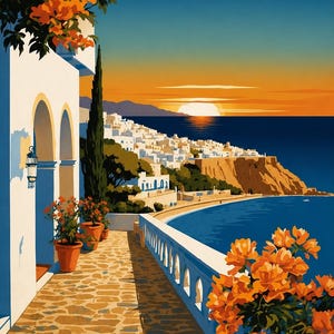 May include: Illustration of Sidi Bou Saïd, Tunisia, featuring a coastal town with white buildings and a blue sea under a sunset sky. Orange flowers and potted plants adorn a stone pathway and balcony.