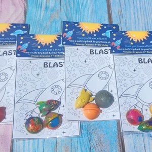 Space Theme Party Favor Coloring Kits,  Crayon names, Crayons, Birthday Party Blast Off, Aliens, Personalized Party Favors