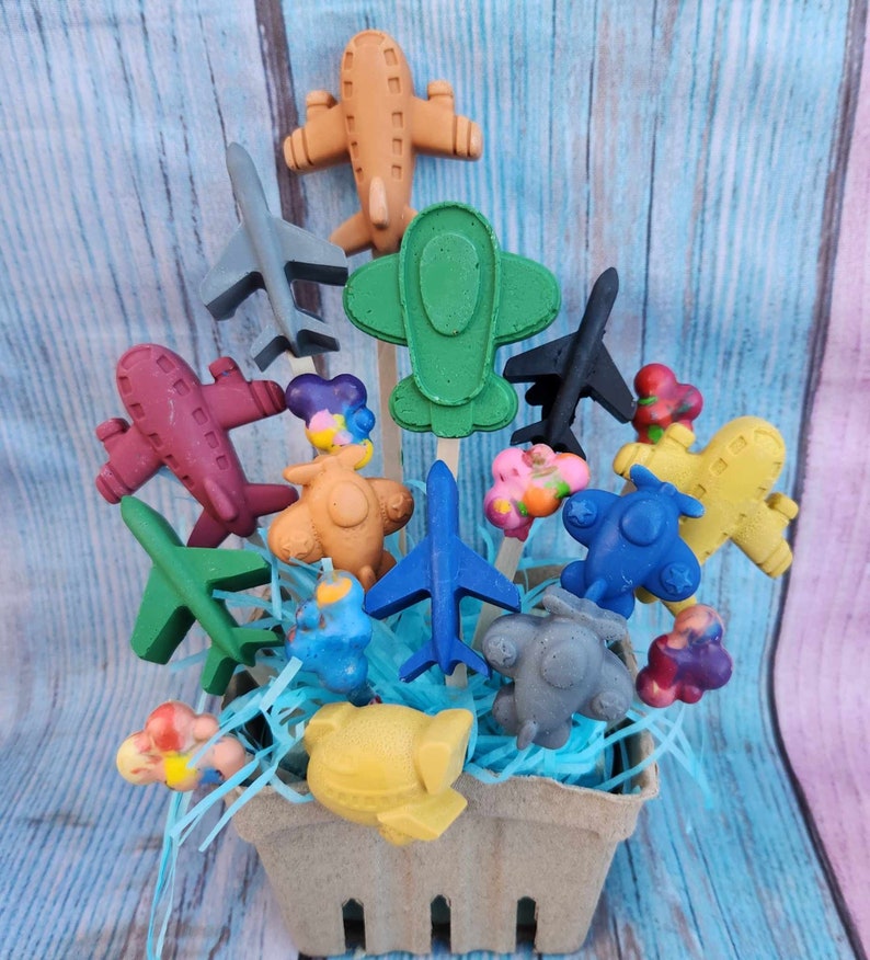 Air Plane Themed Basket Filled of Crayons l Table Center Pieces l Kids Gift Basket l Child's Gift l Party Favors l Boys Gift Basket image 3