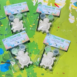 May include: Four clear plastic bags each containing a white turtle-shaped paintable figurine, paint pots, and a paintbrush. Each bag has a card that reads "THANK YOU Turtley Awesome". The background is a colorful, abstract design.