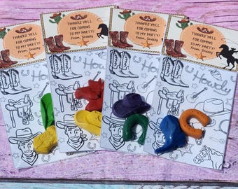 May include: Four party favor cards with cowboy-themed crayons. Each card has a cowboy boot and cactus illustration, with the text "THANKS YALL FOR COMING TO MY PARTY! From, Snazzy". The crayons are shaped like cowboy hats, boots, and horseshoes.