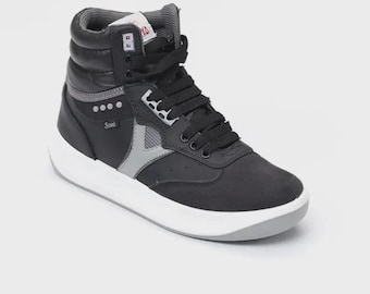 Men's Black Leather High Top Sneakers, Streetwear Urban Footwear, Comfortable Casual Shoes