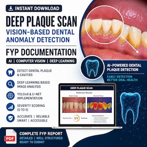 Może przedstawiać: Cyfrowy dokument zatytułowany Deep Plaque Scan Vision-Based Dental Anomaly Detection, zawierający zbliżenie zębów z osadem, ekran laptopa z wynikami wykrywania oraz grafikę szkieletową zęba do analizy stomatologicznej opartej na AI.