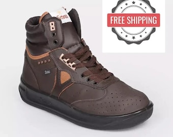Men's Brown Leather High Top Sneakers, Streetwear Combat Style Running Shoes