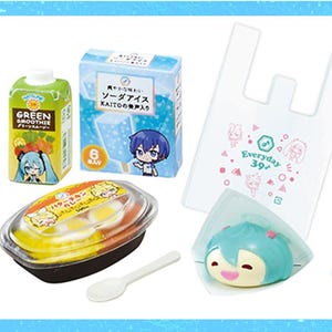 May include: A collection of miniature food items, including a green smoothie carton, a box of soda ice, a plastic bag with text, a container of food, a spoon, and a blue character-shaped dessert. The number 4 is in the bottom right corner.