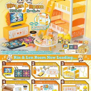 May include: A Re-Ment Rin Len Room miniature playset featuring a bunk bed with piano key patterns, a television console, a round table with snacks, two character figurines, a dance mat, and various accessories including a road roller and game console.