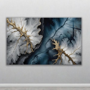 May include: Abstract art print featuring a fluid design with white, gray, and navy blue hues. Gold-colored, tree-like structures are central to the composition, creating a striking contrast. The artwork is displayed on a wall.