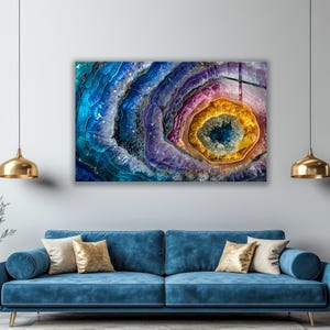 Tempered Glass Wall Art Extra Large Rainbow Geode Print, Blue Purple Agate Decor, Housewarming Gift for Modern Living Room