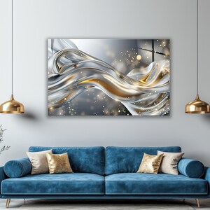 Tempered Glass Wall Art, Extra Large Silver Gold Wave Print, Abstract Liquid Silk Decor, Luxury Home Hanging, Housewarming Gift
