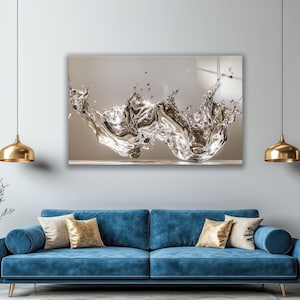 Tempered Glass Wall Art, Extra Large Liquid Silver Print, Modern Chrome Water Splash Decor, Luxury Home Hanging, Housewarming Gift