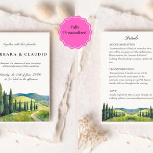 Può includere: Invito di nozze con i nomi Barbara & Claudio e dettagli dell'evento. Il design presenta un paesaggio ad acquerello di dolci colline e cipressi. Il testo recita "Completamente Personalizzato".