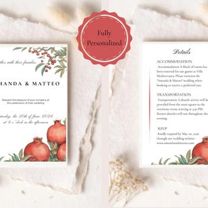 Può includere: Invito di nozze con i nomi AMANDA & MATTEO, con illustrazioni ad acquerello di melograni e vegetazione. L'invito include i dettagli della cerimonia, l'alloggio e le informazioni RSVP. Il testo "Fully Personalized" è in un cerchio rosso.
