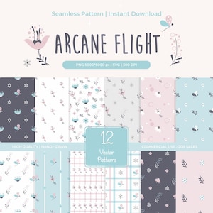 May include: A digital download graphic featuring the text "ARCANE FLIGHT" above 12 vector patterns. The patterns include floral and insect designs in shades of blue, pink, and gray. The image also includes the text "Seamless Pattern | Instant Download".