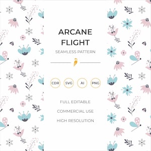 May include: A seamless pattern design called "Arcane Flight" featuring a white backdrop and a repeating floral design. The pattern incorporates light blue, pink, and grey flowers, small butterflies, and leaves. The design is described as fully editable, for commercial use, and high resolution.